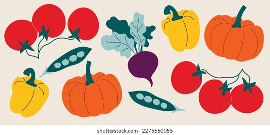 Pancarta horizontal con verduras apetitosas al estilo de un doodle. Afiche vectorial moderno con guisantes, pimientos, tomates, calabaza, remolacha. Ilustración de una tienda en línea, entrega de comida.