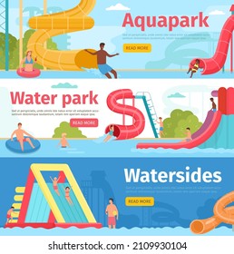 Horizontal banner for aquapark rides with people on water slides. Family resort waterpark. Fun swimming playground and pool vector flyer set. Characters having outdoor recreation on vacation