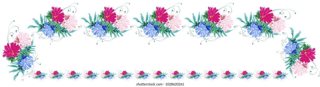 horizontal banner - arch of flowers of pink, blue and white asters and green leaves, and curly stems, insulated decor