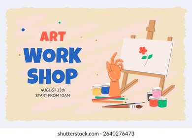A horizontal banner for art schools, studios, drawing courses, and creative workshops. Art supplies for creativity: easel, pencils, paints, brushes. Flat vector illustration.