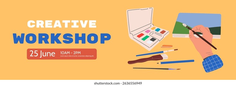 A horizontal banner for an art workshop, school, course, or store. An advertising background with artistic tools. The artist's hand draws pencils, paints and brushes on a piece of paper. Flat vector.