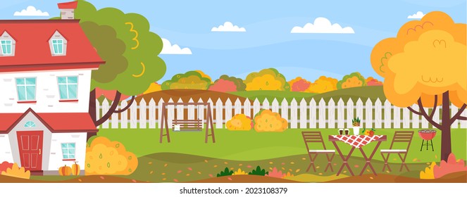 Horizontal banner with autumn country landscape. Backyard of the house. Cute house, fence, swing, table and chairs, bbq, trees, bushes, leaves. Sunny autumn day. Vector illustration. 