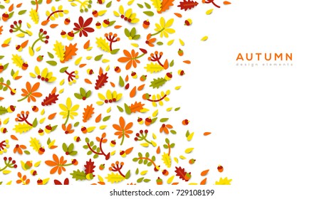Horizontal banner with autumn cute 3d paper cut design elements. Vector illustration. Floral natural shapes, flowers, berries and leaves. Chestnut, oak tree and acorn