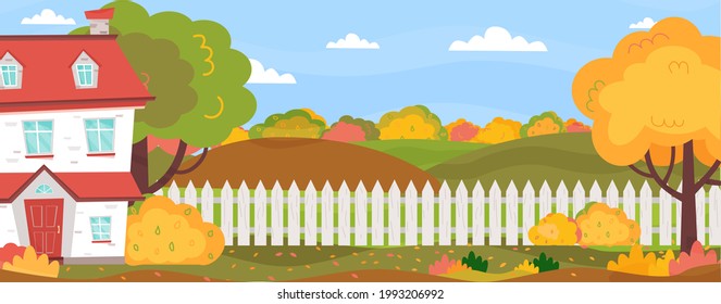 Horizontal banner with autumn landscape. Backyard of the house. Cute house, fence, trees, bushes, leaves. Sunny autumn day. Vector illustration. 