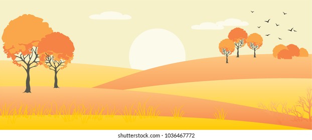 horizontal banner of autumn landscape, vector illustration of trees with yellow foliage