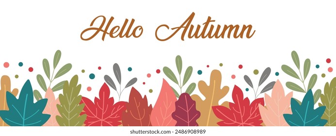 Horizontal banner with autumn leaves. Hello, Autumn. Vector.
