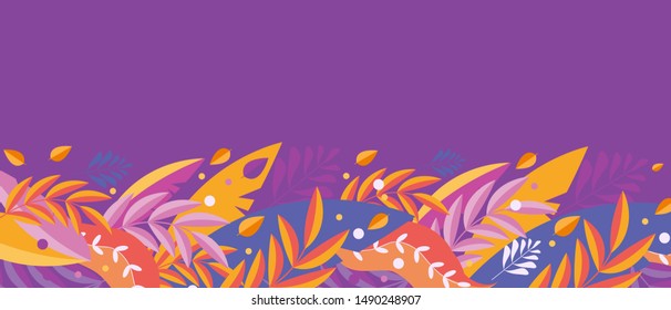 Horizontal banner of autumn leaves on a purple background. Naive, cute, simply style. Vector illustration with floral elements. Bright background for design, printing, invitation card, social networks