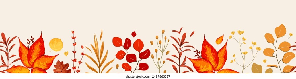 A horizontal banner with autumn leaves. Seamless pattern. The frame is made of autumn leaves. Thanksgiving and harvest day.
