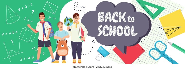 Horizontal banner Back to school Childhood illustration with kids, book, pen, stationery Collection for print, education, learning Vector design for stationery store ads, poster, advertising, sale