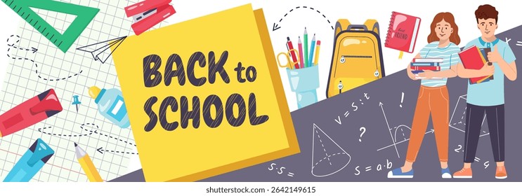 Horizontal banner Back to school Childhood illustration with kids, book, pen, stationery Collection for print, education, learning Vector design for stationery store ads, poster, advertising, sale