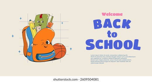 Horizontal banner "Back to school". Educational concept. Funny cartoon characters: backpack, eraser and pencil, book, ruler, basketball. Vector illustration