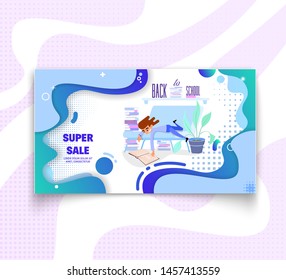 Horizontal banner - back to school and sale, flat style with geometric figures and characters.