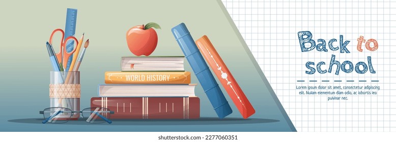 Horizontal banner back to school with school subjects and elements. Education, knowledge, learning. Background with stack of books and stationery,glasses