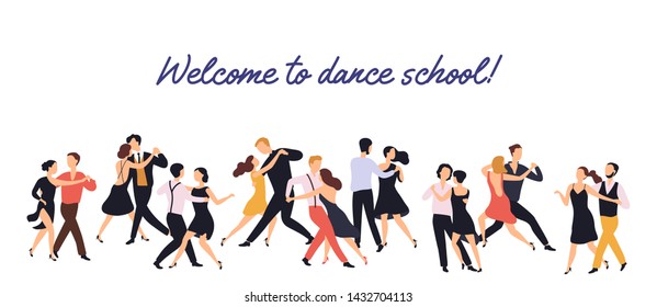 Horizontal banner or backdrop with pairs of elegant men and women dancing tango on white background. Dance school or choreography studio advertisement. Flat cartoon colorful vector illustration.