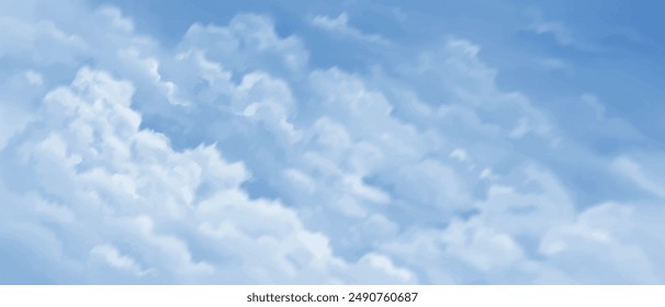Horizontal banner, backdrop, wallpaper with beautiful blue sky and white clouds. Hand drawn cartoon watercolor sky background. Vector illustration