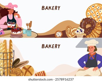 Horizontal banner, background, baked goods, sweets, dough woman, cook, hand drawn vector.