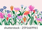 Horizontal banner or background with beautiful colorful flowers and leaves. Spring botanical flat vector illustration  for wallpapers, banners, flyers, invitations, posters