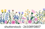 Horizontal banner or background with beautiful colorful flowers and leaves. Spring botanical flat vector illustration for wallpapers, banners, flyers, invitations, posters