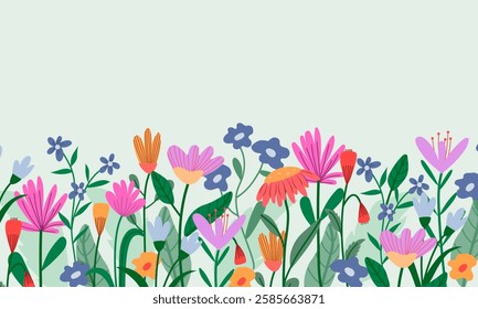 Horizontal banner or background with beautiful colorful flowers and leaves. Spring botanical flat vector illustration  for wallpapers, banners, flyers, invitations, posters