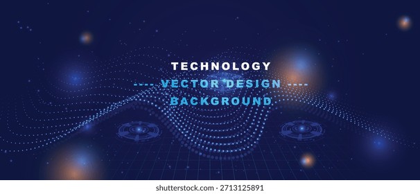 Horizontaler Banner-Hintergrund mit dunkelblauem Ton, mit einem dynamischen, fließenden Wellenmuster aus leuchtenden Teilchen und kleinen HUD-Elementen, die Datenstrom und Vektordesign darstellen.