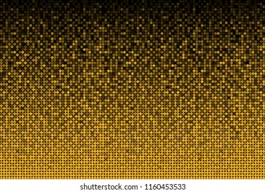 Horizontal banner or background with gold sequins, glitters, sparkles, paillettes. Disco party light music with shiny sequins. Gold dots glitter texture. Metallic glowing cloth. Bright wall. Repeat.