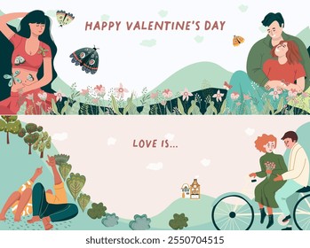 Horizontal banner, background, Happy Valentine's Day, love story, relationship, people, flowers, nature, spring, hand drawn vector.
