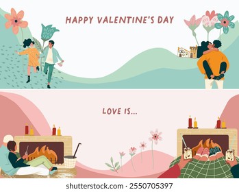 Anuncio Horizontal, fondo, feliz día de San Valentín, historia de amor, relación, personas, flores, naturaleza, primavera, Vector dibujado a mano.