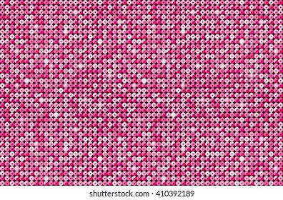 Horizontal banner or background with pink sequins, glitters, sparkles, paillettes. Disco party light music with shiny sequins. Pink dots glitter texture. Metallic glowing cloth. Bright wall. Repeat.