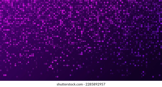 Horizontal Banner or Background with Purple Glitters, Sparkles, Dots. Disco Party Dots Light Music with Shiny Sequins. Violet Glitter Texture. Colorful Falling Dots. Vector Illustration.