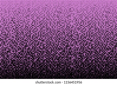 Horizontal banner or background with purple sequins, glitters, sparkles, paillettes. Disco party background with shiny sequins. Purple dot glitter texture. Metallic glowing cloth. Bright wall. Repeat.