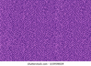 Horizontal banner or background purple sequins, glitters, sparkles, paillettes. Disco party light music with shiny sequins. Purple dots glitter texture. Metallic glowing cloth. Bright wall. Repeat.