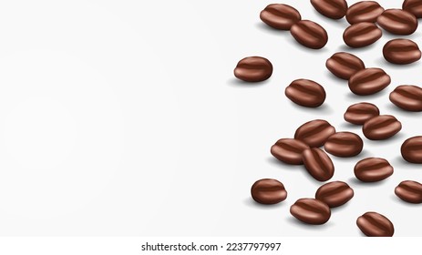 Horizontal banner background with spilled coffee beans on side image and space for text. Realistic vector graphics. Isolated on white background. Seamless pattern
