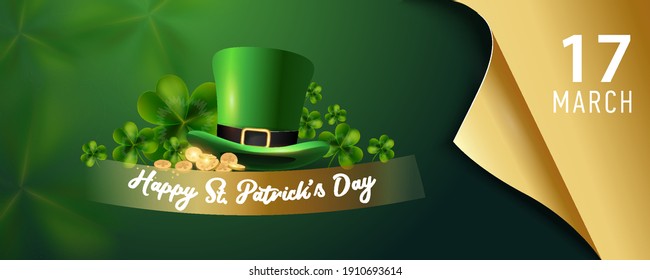 Horizontal Banner Background of St. Patrick's Day with leprechaun hat and wealth. Curved gold edge Vector illustration