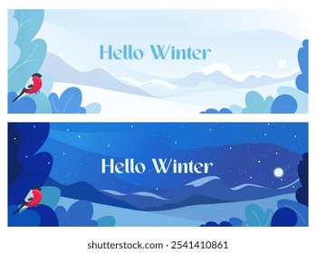 A horizontal banner and a background of winter landscape at night and during day. Daytime landscape. Border and frame for the holidays. Trees with bullfinch. A simple vector illustration cool colors.