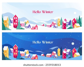 A horizontal banner and a background of a winter landscape at night and during the day. Lettering Hello winter. Snowy mountains at night with a village, with snowflakes, stars and the moon