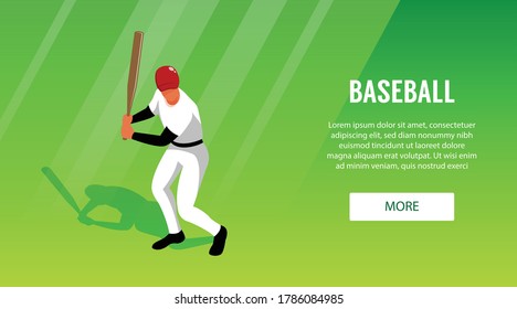 Horizontal banner with baseball hitter on green background 3d vector illustration