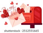 Horizontal banner with Be my Valentine lettering. Postal envelope with a heart, red hearts fly around. Greetings card design with red classic mailbox. Vector illustration isolated on white background