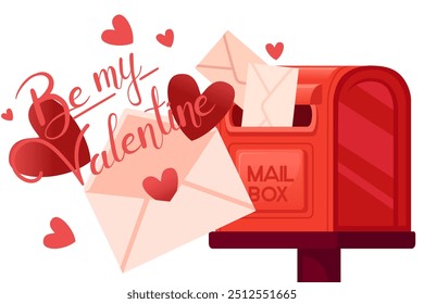 Banner horizontal com as letras Be my Valentine. Envelope postal com um coração, corações vermelhos voam ao redor. Projeto de cartão de saudações com caixa de correio clássica vermelha. Ilustração vetorial isolada no plano de fundo branco