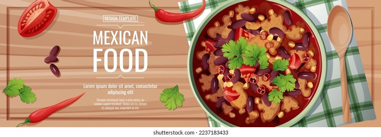 Horizontal banner with bean soup. Delicious dish with kidney beans, meat, corn, tomatoes and chili peppers.Traditional Mexican food.