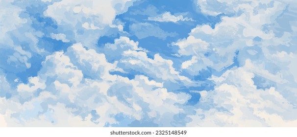 Banner horizontal con hermoso cielo azul y nubes blancas. Caricatura dibujada a mano acuarela fondo del cielo. Ilustración del vector