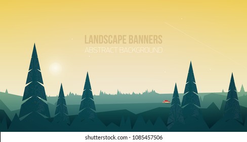 Horizontal banner with beautiful forest landscape or woodland scenery. Spectacular view with spruce trees and small house or cabin in woods against beautiful sky on background. Vector illustration