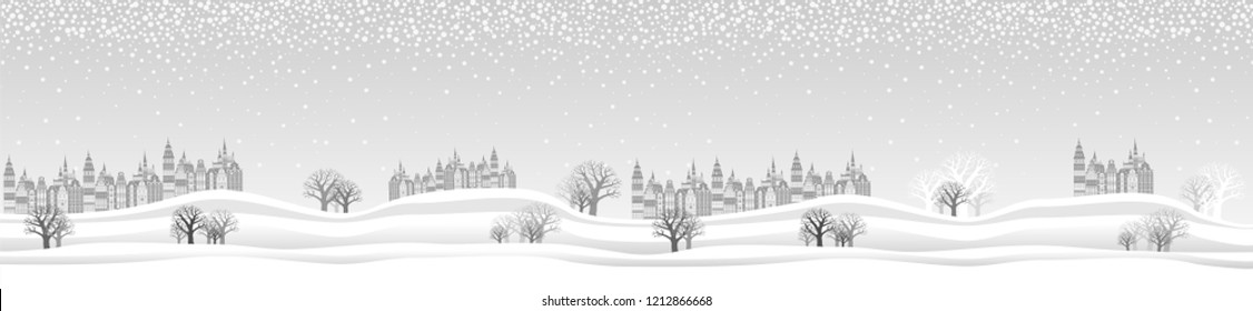 Horizontal Banner. Beautiful winter panorama. Celebration background with winter landscape, town, forest, snow and place for your text. Vector Illustration