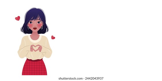 Horizontal banner with beautiful young Asian woman showing sign of heart with her hands. Vector illustration for print, poster, cover, greeting card. isolated art on white background with empty space
