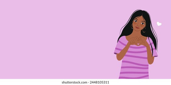 Horizontal banner with beautiful young brunette woman showing sign of heart with her hands. Vector illustration for print, poster, greeting card. isolated art on violet background with empty space.