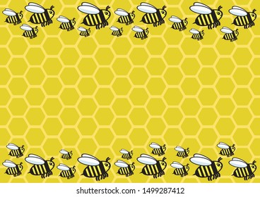 Horizontal banner with bee honeycombs and bees.