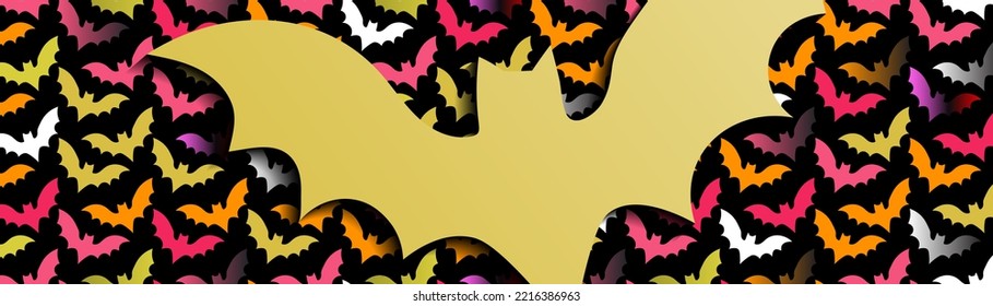 Horizontal Banner of Big Bat Silhouette on patterned bat background. Perfect for Halloween or bat-themed designs. Vector Illustration.