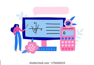 Horizontal banner with big colorful computer, teacher, formula, calculator, speech bubble. Home schooling, online mathematics lesson. Landing page concept. Modern flat doodle vector background.