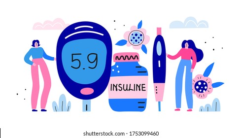 Banner horizontal con un glucómetro colorido grande, pluma de insulina, botella, doctora mujer y flores. Controle su diabetes. Concepto de página de inicio. Fondo moderno vectorial de doodle plano.