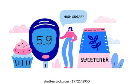 Horizontal banner with big colorful glucometer, cupcake, sweetener, woman and speech bubble. High sugar. Landing page concept. Modern flat doodle vector background.