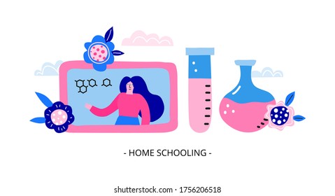 Horizontal banner with big colorful tablet, teacher, formula, test tube, flask, flowers, leaves. Home schooling, online chemistry lesson. Landing page concept. Modern flat doodle vector background.